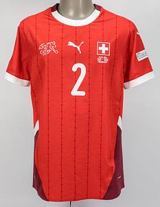 Original match worn Spielertrikot von der Schweiz mit der Rückennummer 2. Vorbereitet für Leonidas Sterigiou am 23.06.2024 im Gruppenspiel der Fußball Europameisterschaft gegen Deutschland. Schweiz - Deutschland 1:1. Status:AAB. - Bild 2