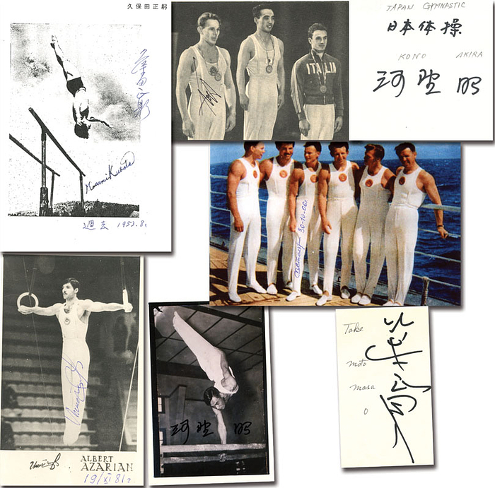 6 seltene Autographen vom Turnen Herren von den Olympischen Spielen 1956: Juri Titow (1956-1964: 1xGold, 5xSilber, 3x Bronze. Magazinfoto); Pawel Stolbow (1929-2011; 1956: 1Gold, 1xSilber. Reprofoto); Albert Asarjan (1929-2023; 1956:2x Gold; 1960: Gold + Silber: S/W-Foto); alle UdSSR.  Masami Kubota (1956: 2xSilber, 1xBronze); 2x Akira Kono (1929-1995; Silber 1956. S/W-Reprofoto + Balncobeleg); Masao Takemoto (1919-2007; 1952-1960: 1x Gold, 3x Silber, 3x Bronze). 15x10 bis 10c6 cm.