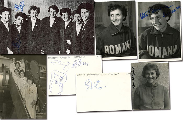 Bronzemedaille im Turnen Frauen für Rumänien bei den Olympischen Spielen 1956 + 1960. 5 original Signaturen: Sonia Iovan (1935-2024; 1960 Bronze); Elena Margarit (1960 Bronze; S/W-Foto), Emilia Vata?oiu (1960 Bronze): Bronzemedaille 1960: Uta Poreceanu (1936-2018; S/W-Foto); Atanasia Ionescu (1935-1990).  17,5x10 bis 9x8 cm.
