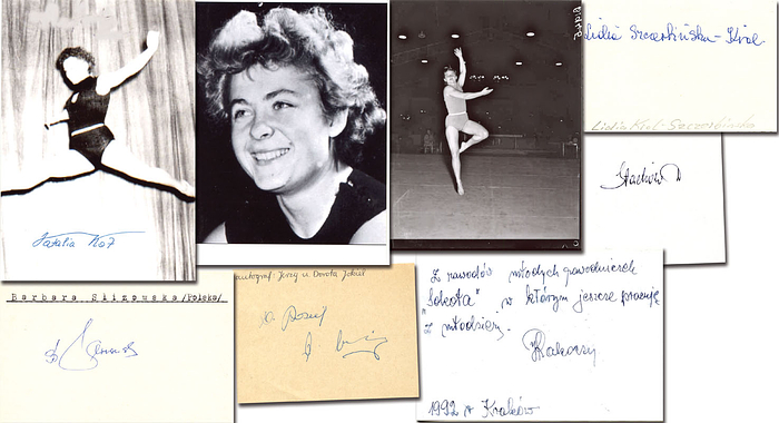 Bronzemedaille im Turnen Frauen Gruppengymnastik für Polen bei den Olympischen Spielen 1956. 6 original Signaturen: Dorota Jokiel (1934-1992), Natalia Kot, Danuta Nowak-Stachow (1934-2019), Helena Rakoczy (1921-2014; Signatur Rückseite Farbfoto), Barbara Slizowska (1935-2023), Lidia Szczerbinska (1934-2024). 13x8,5 cm bis 10x7 cm. KOMPLETTES Team.