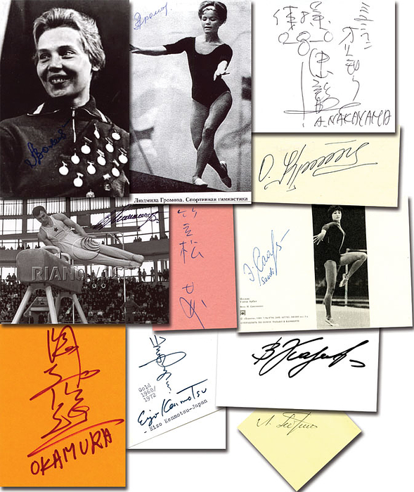 11 verschiedene seltene original Signaturen von Medaillengewinner im Turnen von den Olympischen Spielen 1964-1972: Alena Waltschezkaja (Volchetskaya; USSR Gold 1964 Team); Ljudmila Gromowa (Gold 1964 Team USSR); Wiktor Lissizki (1939-2023; USSR, 1964 4x Silber); Eizo Kenmotsu (JAP; 1968-1976: 3x G 3xS 3xB); Waleri Karassjow (USSR, 1968 Silber Team; face-to-face + unsignietes Farbfoto);  Larissa Petrik (URS; 1968: 2x Gold, 1Bronze; Blancobeleg); Akinori Nakayama (JAP; 1968 + 1972: 6x Gold, 2x Silber, 2x Bronze; Blancobeleg); Teruichi Okamura (JAP; 1972 Gold, Blancobeleg); Shigeru Kasamatsu (JAP; 1972: 1x Gold, 1X Silber; 2x Bronze; Blancobeleg); Olga Korbut (URS; 1972 + 1976: 4x Gold, 2x Silber; Blancobeleg); Elwira Saadi (URS; 1972 + 1976 Gold Team. Karteikarte mit Magazinfoto); 16x10 bis 7x6 cm  3 Reprofotos, 7x Blancobeleg 15x10 cm bis 8,5x8,5 cm.