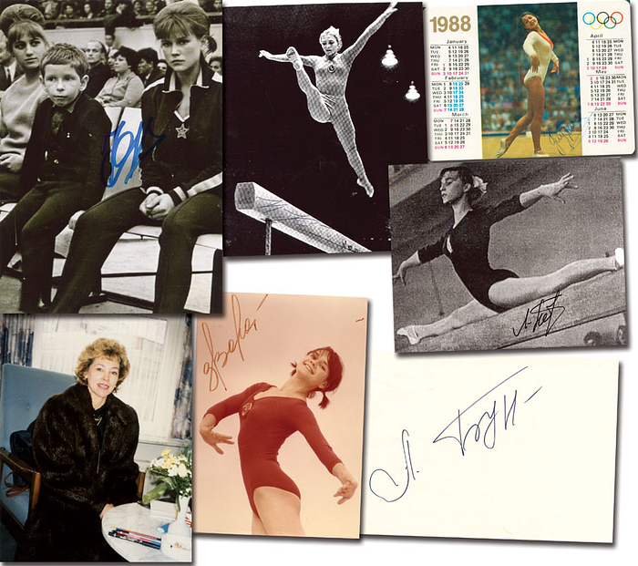 Goldmedaille im Turnen Mannschaft Frauen für die UdSSR bei den Olympischen Spielen 1968. 5 original Signaturen:  Ljubow Burda (Gold 1972); Olga Karassjowa (S/W-Repro; Selten!); Natalja Kutschinskaja (2x Gold, 2x Bronze. S/W-Repro Unterschrift mit Kugelschrieber auf Schwebebalken. Selten!); Larissa Petrik (1968: 2x Gold, 1Bronze. S/W-Reprofoto); Sinaida Woronina (1947-2001, 1xGold, 1xSilber, 2xBronze; Farbfoto, sehr selten!); Ljudmila Turischtschewa (1968-1976: 4x Gold; 3x Silber, 2x Bronze. Autogrammkarte 9,5x7,5 cm) . 15x10 bis 11,5x8 cm.