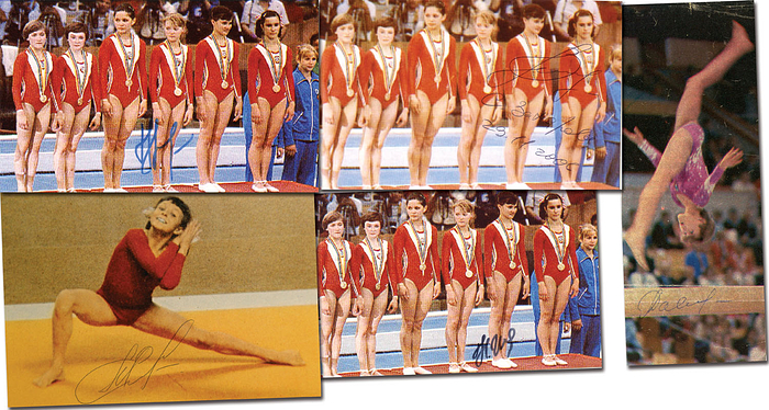 Goldmedaille im Turnen Mannschaft Mehrkampf Frauen für die UdSSR bei den Olympischen Spielen 1980. 5 original Signaturen: Jelena Naimuschina (1964-2017; face-to-face), Jelena Dawydowa (2x Gold, 1x Silber); Marija Filatowa (1980: Gold + Bronze; 1976: Gold); Natalja Schaposchnikowa (2x Gold, 2x Bronze); Stella Zacharowa. 5 von 6 Athletinnen. 1 Magazinfoto + 4 Farbreprofotos, 16x10 cm bis 20x 8 cm.