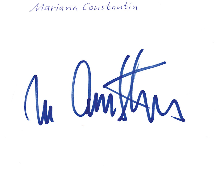 Karteikarte mit original Signatur von Mariana Constantin (ROM). Silbermedaille im Turnen Mannschaft Frauen mit Rumänien bei den Olympischen Spielen 1976, 14,5x10,5 cm.