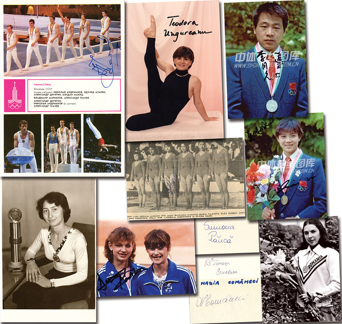10 seltene original Signaturen von Medaillengewinner im Turnen der Olympischen Spiele 1976 - 1980: Swetlana Grosdowa (URS, Gold 1976, S/W-Magazinfoto + unsigniertes S/W-Foto); Teodora Ungureanu (ROM; 3x Silber 1976; Farbfoto); Gabriela Tru?ca (ROM; Silber 1976; S/W-Reprofoto, Signatur auf der Rückseite); Alexander Tkatschow (URS; 1980: 2x Gold, 1x Silber. Autogrammkarte, 21x15 cm); Rodica Dunca (ROM; Gold 1980; Farbreprofoto); Nadia Comaneci (ROM; 9 Medaillen 1976 + 1980; Blancobeleg); Dumitri?a Turner (ROM; Silber 1980; Blancobeleg); Li Yuejiu (CHN; Silber 1984; Farbreprofoto); Simona Pauca (ROM; 1984: 2x Gold, 1x Bronze; Blancobeleg); Wu Jiani (CHN; 1984 Bronze Frauen). 21x15 cm bis 10x5,5 cm.