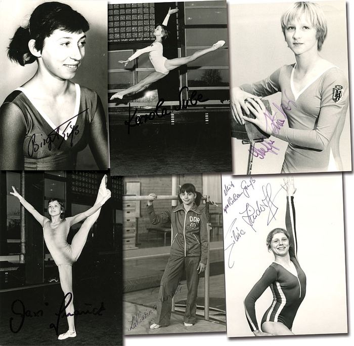 Bronzemedaille im Turnen Mannschaft Mehrkampf Frauen für die DDR bei den Olympischen Spielen 1980. 6 original Signaturen: Maxi Gnauck (Gold, Silber, 2x Bronze); Silvia Hindorff; Steffi Kräker (1976: Bronze; 1980: 1x Silber, 2x Bronze); Katharina Rensch; Karola Sube; Birgit Süß.  6 S/W-Fotos, 14,5x10,5 cm. KOMPLETTES TEAM.