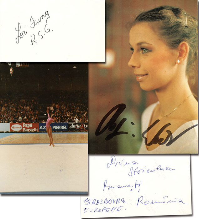 Rhythmischen Sportgymnastik hatte bei den Olympischen Spielen 1984 olympische Premiere. Alle Medaillengewinnerinnen:  Gold: Lori Fung (CAN; Blancobelge; Silber: 	 Doina Staiculescu (ROM; sehr selten!; Farbfoto, Signatur Rückseite); Bronze: 	 Regina Weber (GER, Autogrammkarte). 14,5x10,5 bis 10x7  cm.