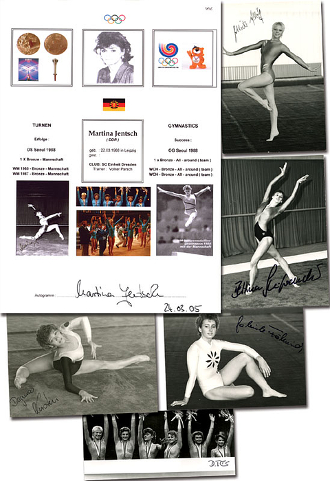 Bronzemedaille im Turnen Mannschaft Mehrkampf Frauen für die DDR bei den Olympischen Spielen 1988. 6 original Signaturen: Dörte Thümmler (Selten! Face-to-face); Martina Jentsch (Selten); Gabriele Fähnrich; Dagmar Kersten (Silber Stufenbarren); Ulrike Klotz; Bettina Schieferdecker.  5 S/W-Foto und Sammlerblatt; 30x20 bis 18x12,5 bis 15x6,5 cm. KOMPLETTES TEAM.