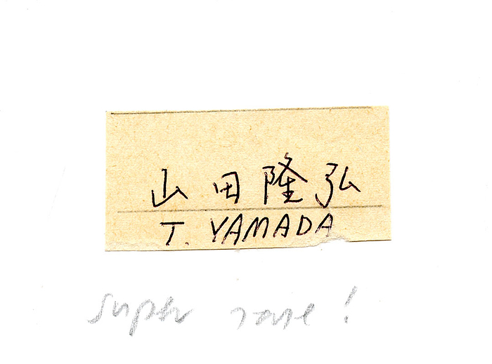 Blancobeleg (5,5x2,5 cm) mit original Signatur von Takahiro Yamada (JAP) aufmontiert auf Blancobeleg. Bronzemedaille im Turnen Mehrkampf Herren mit Japan bei den Olympischen Spiele 1988, 9,5x7 cm.