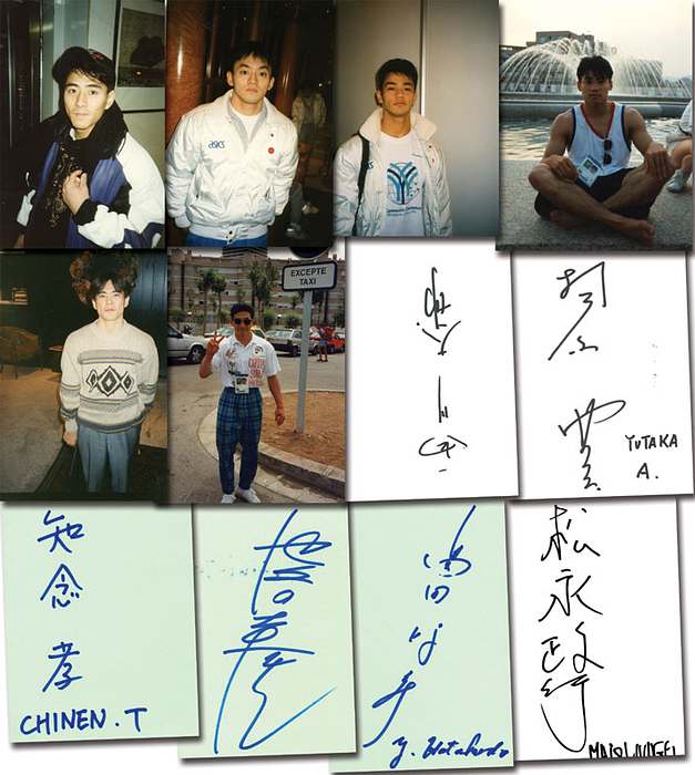 Bronzemedaille im Turnen Mannschaft Mehrkampf Herren für Japan bei den Olympischen Spielen 1992. 6 original Signaturen: Yutaka Aihara; Takashi Chinen; Yoshiaki Hatakeda; Yukio Iketani (1988: 2x Bronze; 1992: Silber + Bronze); Masayuki Matsunaga (+ Bronze Barren); Daisuke Nishikawa (1988: Bronze).  6 Karteikarten15x10. KOMPLETTES TEAM.