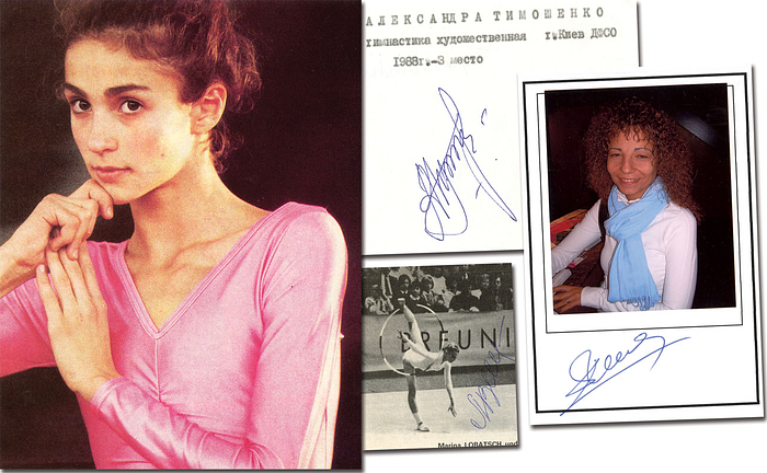 Rhythmische Sportgymnastik Olympische Spiele 1988. Alle Medaillengewinnerinnen:  	Gold: Maryna Lobatsch (URS); Silber: 	 Adriana Dunawska (BUL); Bronze: 	 Oleksandra Tymoschenko (URS; 1992 GUS Gold). Magazinfoto, Autogrammkarte, Blancobeleg, 15x10 cm bis 8x7 cm.