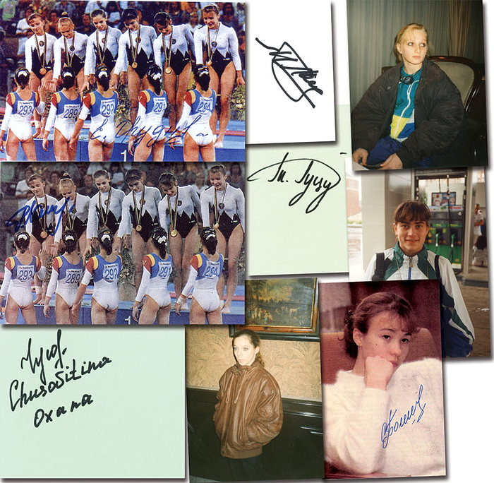Goldmedaille im Turnen Mannschaft Mehrkampf Frauen für die GUS bei den Olympischen Spielen 1992. 6 original Signaturen: Swjatlana Bahinskaja (Boginskaja; 1988: 2x Gold, Silber, Bronze); Oksana Chusovitina (Tschussowitina; 2008 Silber); Rosalija Galijewa (1996 Silber; Selten); Jelena Grudnewa (Selten); Tetjana Huzu (Guzu; 1992: 2x Gold, Silber, Bronze); Tetjana Lyssenko (1992 2x Gold, Bronze). Farbmagazinfoto, 2 Farbreprofotos, 3 Karteikarten15x10. KOMPLETTES TEAM.