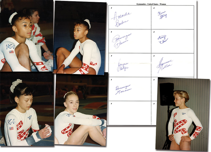 Goldmedaille im Turnen Mannschaft Mehrkampf Frauen für die USA bei den Olympischen Spielen 1996. 7 original Signaturen auf einem Blancobeleg: Amanda Borden, Dominique Dawes, Shannon Miller, Dominique Moceanu, Jaycie Phelps, Kerri Strug, 30x20 cm KOMPLETTES TEAM.