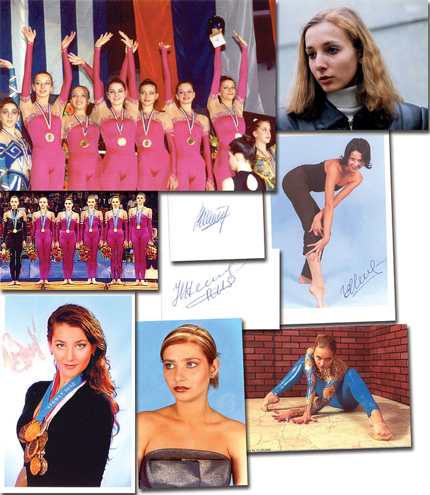 Goldmedaille Rhythmischen Sportgymnastik Mannschaft für Rußland bei den Olympischen Spielen 2000. 6 original Signaturen: Irina Belowa;  Natalja Lawrowa (2004 Gold; Signatur Rückseite Foto); Marija Netjossowa; Wera Schimanskaja; Irina Silber (Signatur Rückseite Foto); Jelena Schalamowa. 2 Farbfotos, 2 Farbreprofotos, 2 Blancobelege. 15x10 cm bis 9x6,5 cm.  Komplettes Team.