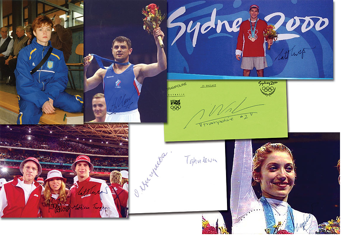 Seit den Olympischen Spiele Athen 2000 ist Trampolin olympische Disziplin. Alle Medaillengewinner von Athen 2000. 6 original Signaturen:  Herren: Gold Alexander Moskalenko (RUS; 2004 Silber); Silber	 Ji Wallace 	(CAN); Bronze Mathieu Turgeon (CAN). Frauen: Gold 	Irina Karawajewa (RUS); Silber 	Oksana Zyhuljowa (UKR); Bronze 	 Karen Cockburn (CAN; 2x Silber 2004 + 2008; auf dem Foto noch die Unterschrift von Mathieu Turgeon). 1 Foto, 3 Reprofotos, 2 Blancobelege,.