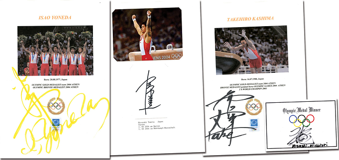 Goldmedaille im Turnen Herren Mannschaft für Japan bei den Olympischen Spielen 2004. 5 original Signaturen: Takehiro Kashima; Hisashi Mizutori; Hiroyuki Tomita, Naoya Tsukahara; Isao Yoneda. 4 Sammelblätter, 1 Blancobeleg, 30x20 cm + 15x10 cm .  5 von 6 Athleten.