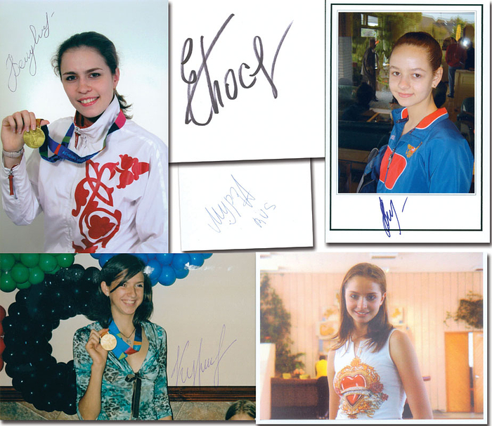 Goldmedaille Rhythmischen Sportgymnastik Mannschaft für Rußland bei den Olympischen Spielen 2004. 5 original Signaturen: Olesja Belugina; Olga Glazkich; Tatjana Kurbakowa; Jelena Mursina; Jelena Possewina. 3 Farbfotos, 2 Blancobelege. 15x10 cm bis 9x6,5 cm.  5 von 6 Athletinnen.