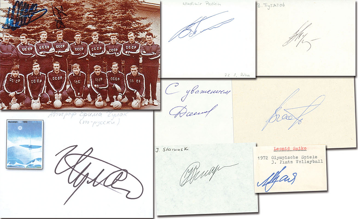 Bronzemedaille im Volleyball Herren für die UdSSR bei den Olympischen Spielen 1972. Jefim Tschulak (Silber 1976), Wladimir Putjatow, Wladimir Patkin, Leonid Saiko, Juri Starunski (+2010),  Wjatscheslaw Domani, Alexander Saprykin (1946-2021); , Wiktor Borschtsch.  Blancobelege und ein Reprofoto, 16x10 bis 8x6 cm. 8 von 12.