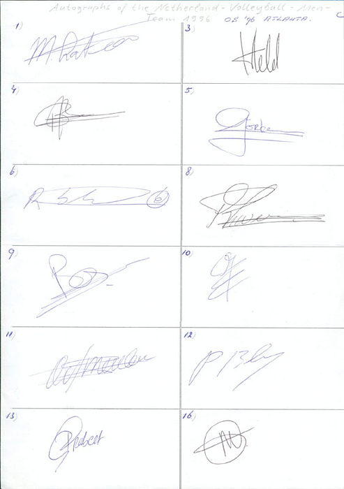 Goldmedaille im Volleyball Herren für die Niederlande bei den Olympischen Spielen 1996. Misha Latuhihin, Henk Jan Held, Brecht Rodenburg, Guido Görtzen, Richard Schuil, Ronald Zwerver, Bas van de Goor, Jan Posthuma, Olof van der Meulen, Peter Blangé, Rob Grabert, Mike van de Goor. Blancobeleg, 30x20 cm KOMPLETTES TEAM!.