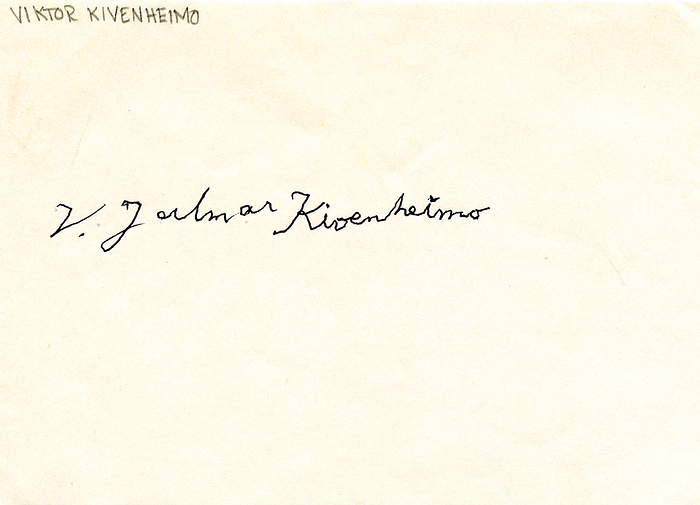 (1889-1994) Originalsignatur auf Autogrammbeleg (14,5 x10,5cm) von V.Jalmar Kivenheimo. Finnischer Silbergewinner der Olympischen Spiele 1912 im Turnen.