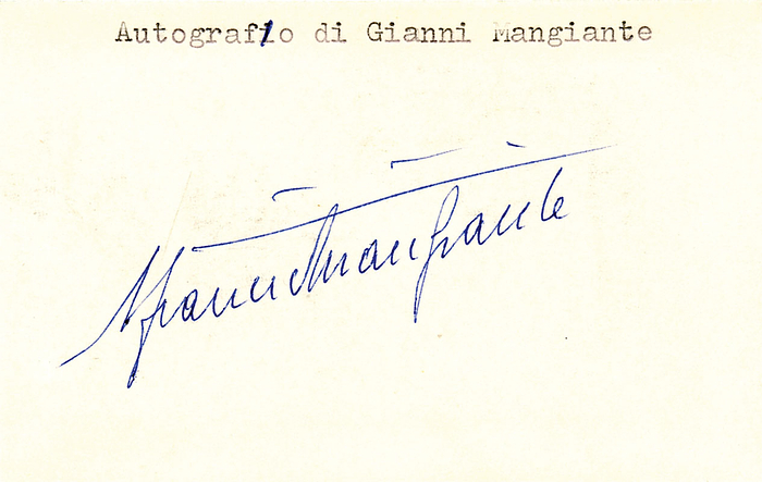 (1893-1967) Karteikarte mit original Signatur von Giovanni Mangiante (ITA). Goldmedaille im Mehrkampf II mit Italien. 10x6 cm.
