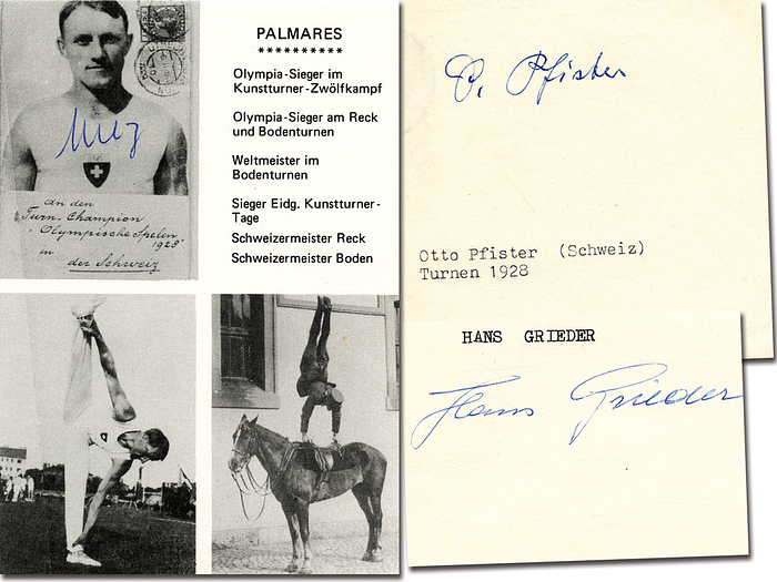 Goldmedaille im Turnen bei den Olympischen Spielen 1928 für die Schweiz im Mehrkampf - Mannschaft. Original Signaturen von Hans Grieder (1901-1995); Georges Miez (1904-1999; 4x Gold, 3x Silber , 1x Bronze 1924 - 1936) und  Otto Pfister (1900 - verstorben). Alle drei Athleten gewannen im gleichen Wettbewerb 1924 Bronze. 14x10 bis 9x6 cm.