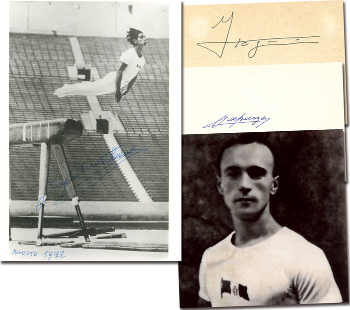 Goldmedaille im Turnen bei den Olympischen Spielen 1932 für Italien im Mehrkampf Mannschaft. Originalsignaturen von Oreste Capuzzo (1908-1985), Savino Guglielmetti (1911-2006; Gold Pferd 1932), Franco Tognini (1907-1980). Foto und zwei Blancobelege, 14x10,5 bis 10,5x7,4 cm.