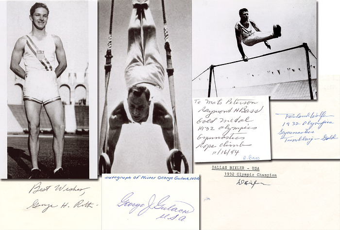 5x Goldmedaille im Turnen für die USA bei den Olympischen Spielen 1932. Originalsignaturen von Dallas Bixler (1910-1990, Reck); 		George Julius Gulack (1905-1987; Ringe); 	George Roth (1911-1997; Keulenschwingen);  	Raymond Bass (1910-1997; Hangeln); Rowland Wolff (1914-2010; Brettspringen). Blancobeleg 16x8,5 cm bis 8,5x7 cm.