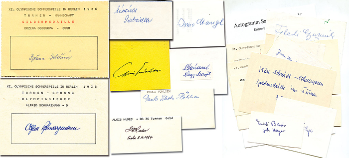 24 Originalsignaturen von verschiedene Medaillengewinner im Turnen (Männer + Frauen) bei den Olympischen Spielen Berlin 1936 auf Blancobelegen, 9x5,5 bis 21x15 cm.