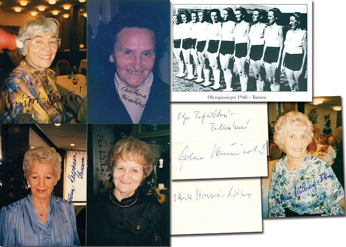 Goldmedaille für Frauen der CSSR im Turnen bei den Olympischen Spielen 1948 im Mehrkampf. 8 original Signaturen: Zdenka Honsová (+1994), Marie Kovárová, Miloslava Misáková (+2015), Milena Müllerová (+2009), Vera Ružicková (+2018), Olga Šilhánová (+1986 Selten!), Božena Srncová (+1997), Zdenka Vermirovská (+1997, Silber 1936). KOMPLETTES TEAM. 5 Farbfotos und drei Blancobeleg 12x9 bis 10,5x5,5 cm.