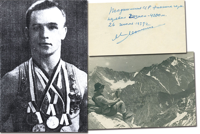 (1921-1984) S/W-Foto von Leonkin als Bergsteiger im Pamirgebirge auf der Rückseite handschriftliche Widmung mit original Signatur aus dem Jahre 1959 von Dmytro Maksymowytsch Leonkin (URS). Gewann bei den Olympischen Spiele 1952 1x Gold mit dem Team der UdSSR und 1x Bronze am dem Ringen, 15,5x10,5 cm.