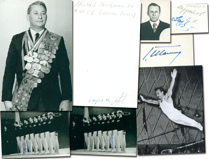 Olympische Spiele 1952 Goldmedaille mit dem Team der UdSSR im Turnen: 5 original Signaturen: Wladimir Beljakow (1918-1996; S/W-Foto), Jewgeni Korolkow (1930-2014, Silber Pferd 1952; S/W-Foto), Walentin Muratow (1928-2006, 4x Gold 1x Silber 1952+1956. Passfoto, Signatur auf der Rückseite), Michail Perlman (1923-2002; S/W-Foto, Signatur auf der Rückseite), Hrant Schahinjan (1923-1998, 2x Gold 2x Silber 1952 +1956, Blancobeleg mit S/W-Reprofoto).  16x10,5 bis 6x4 cm.