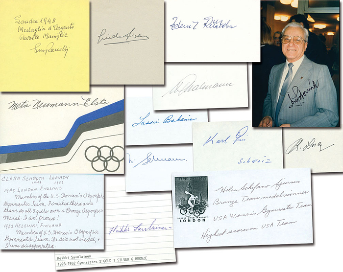 13 original Signaturen Olympische Spiele 1948 von Medaillengewinner im Turnen (Männer + Frauen).