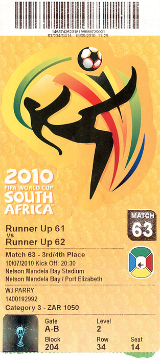 FIFA World Cup South Africa 2010. Spiel um Platz 3: Deutschland - Uruguay am 10.Juli in Port Elizabeth. 18x8 cm.