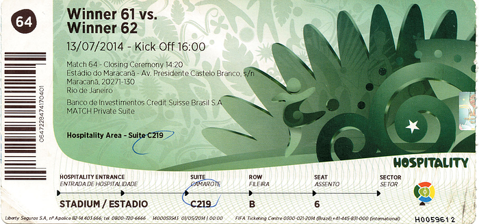 Finale Fußball-Weltmeisterschaft 2014. Winner 61 vs Winner 62 (Deutschland - Argentinien, 1:0) in Rio de Janeiro, 13.7.2014. 17,5x8 cm. Hospitality Ticket.