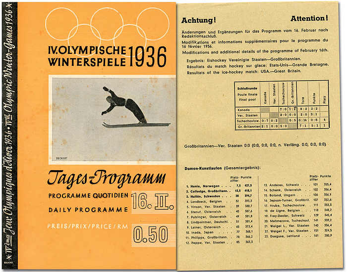 IV.Olympische Winterspiele 1936. Tages-Programm 16.2. Schlusstag und Schlussfeier. Mit den meist fehlenden Korreturblatt.