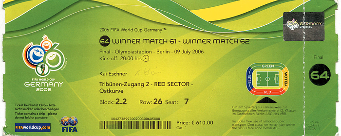 FIFA World Cup Germany 2006. Finale Italien - Frankreich am 9. Juli in Berlin. 20 x 8,5cm.