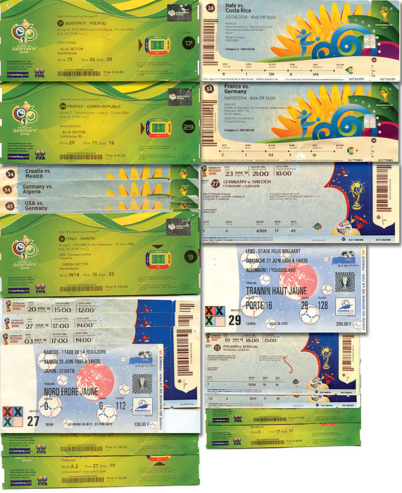 22 verschiedene Eintrittskarten von den Fußball - Weltmeisterschaften 1998 bis 2018. (2x1998; 8x 2006; 8x 2014; 6x 2018). 20x8,5 cm bis 17x8,5 cm.