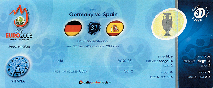 UEFA Euro 2008 Endspiel Deutschland - Spanien vom 29.6. in Wien. 20x8 cm.