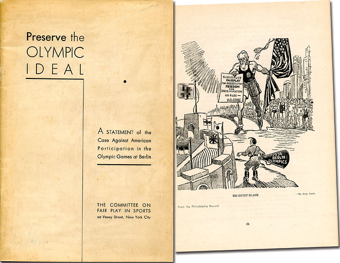 Preverse the Olympic Ideal. A statement of the case against American participation in the Olympic Games at Berlin. Pub. by The Committee on Fair play in Sports.