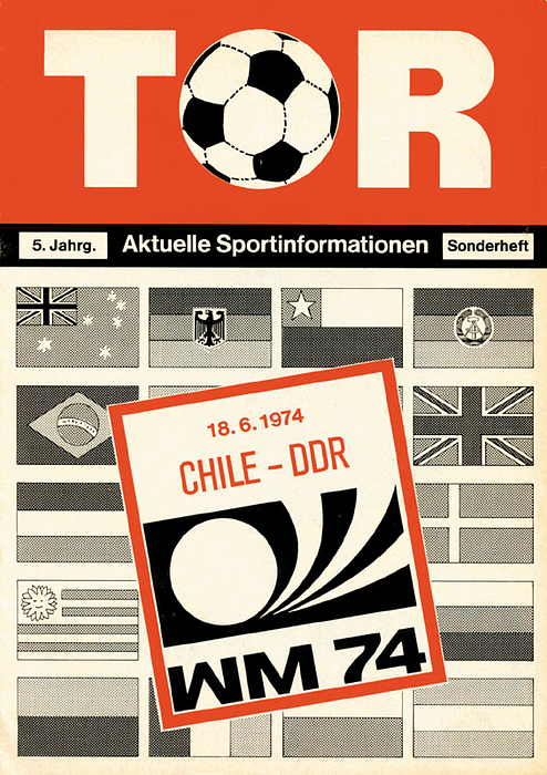 Chile - DDR. 18.6.74 in Berlin. Programm von „Tor. Aktuelle Sportinformationen“.