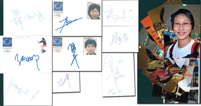 Goldmedaille im Volleyball Frauen für China bei den Olympischen Spielen 2004. Chen Jing, Feng Kun, Li Shan,  Song Nina,  Yang Hao, Zhang Na, Zhang Ping, Zhang Yuehong, Zhao Ruirui.  9 Blancobelege, 15x10 cm bis 10x8 cm. 9 von 12 Spielerinnen.
