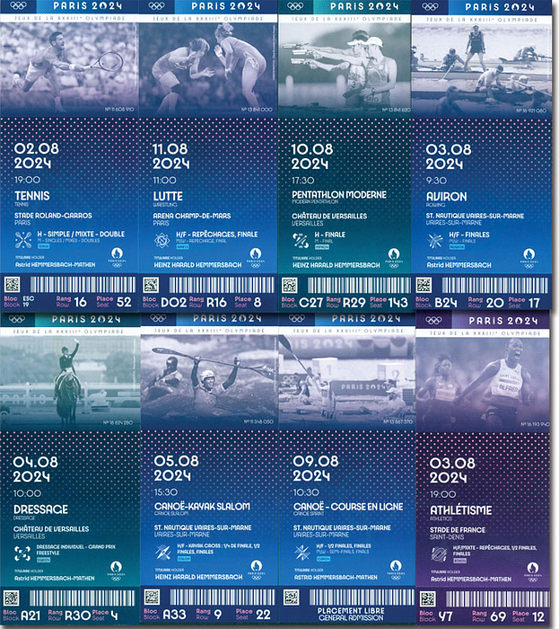 8 verschieden offizielles Druckticket der Olympischen Spiele Paris 2024. Tennis, Ringen, Moderner Fünfkampf, Kajak, Kanuslalom, Dressur, Leichtatheltik, Rudern. Je 20,5x9 cm.
