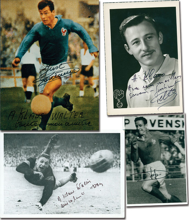 4 Autogrammbeleg Frankreich Fußball Weltmeisterschaft 1958 in Schweden: Maryan Wisnieski (1937-2022; Fotoautogrammkarte, 14,5x10,5 cm); François Remetter (1928-2022; Autogrammkarte, 16x11 cm); Just Fontaine (1923-2023; Farbreprokarte 17,5x12,5 cm); Raymond Kopa (1931-2017; S/W-Foto 12,5x9 cm).