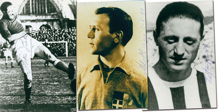 Drei original Signaturen des Fußball - Weltmeister 1938 Italien: Piedro Rava (1916-2006), Silvio Piola (1914-1990), Aldo Oliviero (1910-2001). Alle auf S/W-Reprofotos. Je  15x10 cm.