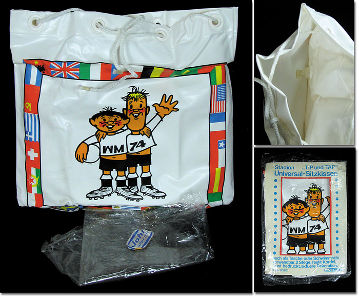 Aufblasbares Sitzkissen, auch als Tasche zu verwenden, noch original verpackt! Mit Motiven der offiziellen Maskottchen "Tip & Tap". 33x32 cm. Noch original verpackt!.