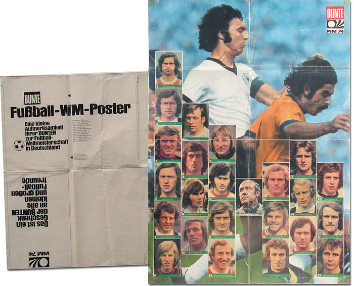 Fußball-WM-Poster des Magazins "Bunte" zur Weltmeisterschaft 1974 in Deutschland. Mit 23 aufgeklebten Sammelbildern. 60x42 cm.