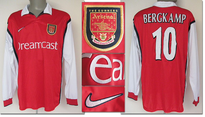 Original match-worn/issued Arsenal FC shirt with the number 10. Worn by Dennis Bergkamp on March 2, 2000, in the UEFA Round of 16 match against Deportivo La Coruna. Arsenal won 5-1. Bergkamp has been capped 79 times by the Netherlands. This shirt comes directly from a former Werder Bremen kit manager. Status: AAB --Long-sleeved jersey; size XL; embroidered club emblem and Nike logo; flocked advertising inscription 'Dreamcast', back number, and player name; Nike. Condition: A
