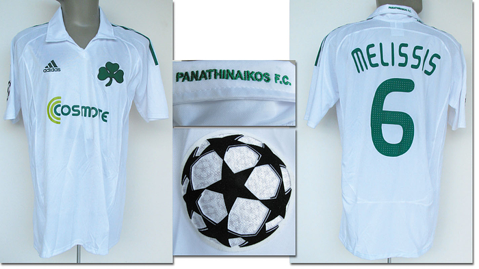 Original match-worn / issued shirt of Panathinaikos Athens (Greece) with the number 6. Worn by Chrostos Melissis in the 2008 Champions League season. Shirt directly from a former Werder Bremen kit manager. Status: AAB --Short-sleeved jersey; size L; sewn-on club emblem; embroidered adidas logo; rubberized 'Cosmote' advertising lettering; rubberized back number and player name; 'Panathinaikos F.C.' lettering embroidered on the back of the collar; with CL Starball patch; adidas. Condition: A