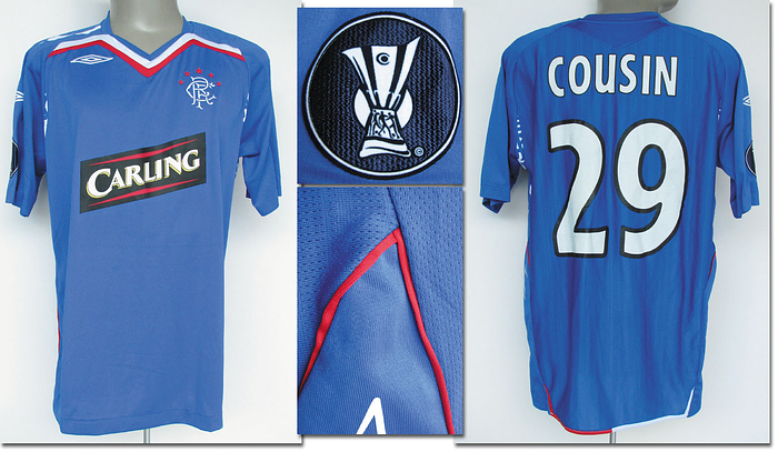 Glasgow, Rangers - Trikot 2008  | Original match worn / issued Spielertrikot von Glasgow Rangers mit der Rückennummer 29. Getragen von Daniel Cousin am 6.03.2008 im Europa-League-Spiel gegen Werder Bremen. Rangers - Werder 2:0. Cousin erzielte den Treffer zum 1:0. Trikot direkt von einem ehemaligen Zeugwart von Werder Bremen. Status:AAB